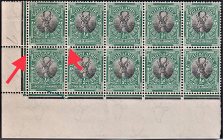 SA 1927 1/2d PRETORIA  PRINTING UM MARGINAL BLOCK  OF 4 PAIRS- SACC 29P