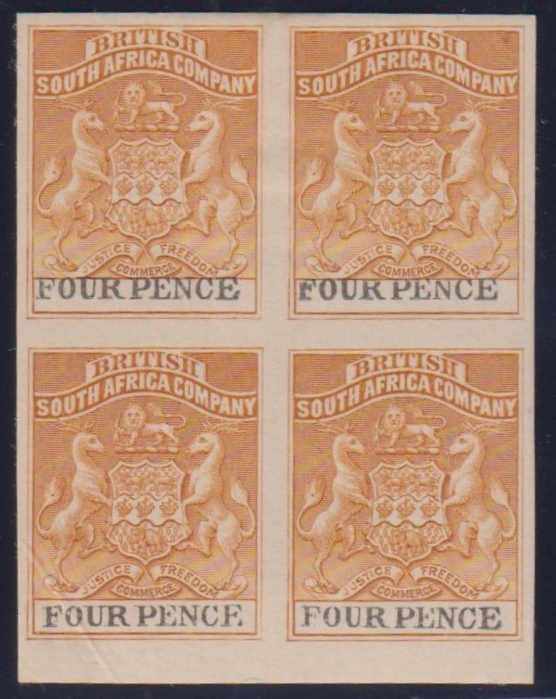 RHODESIA  BSAC 1895 4d IMPERFORATE BLOCK OF 4 - SG28a CV £4000