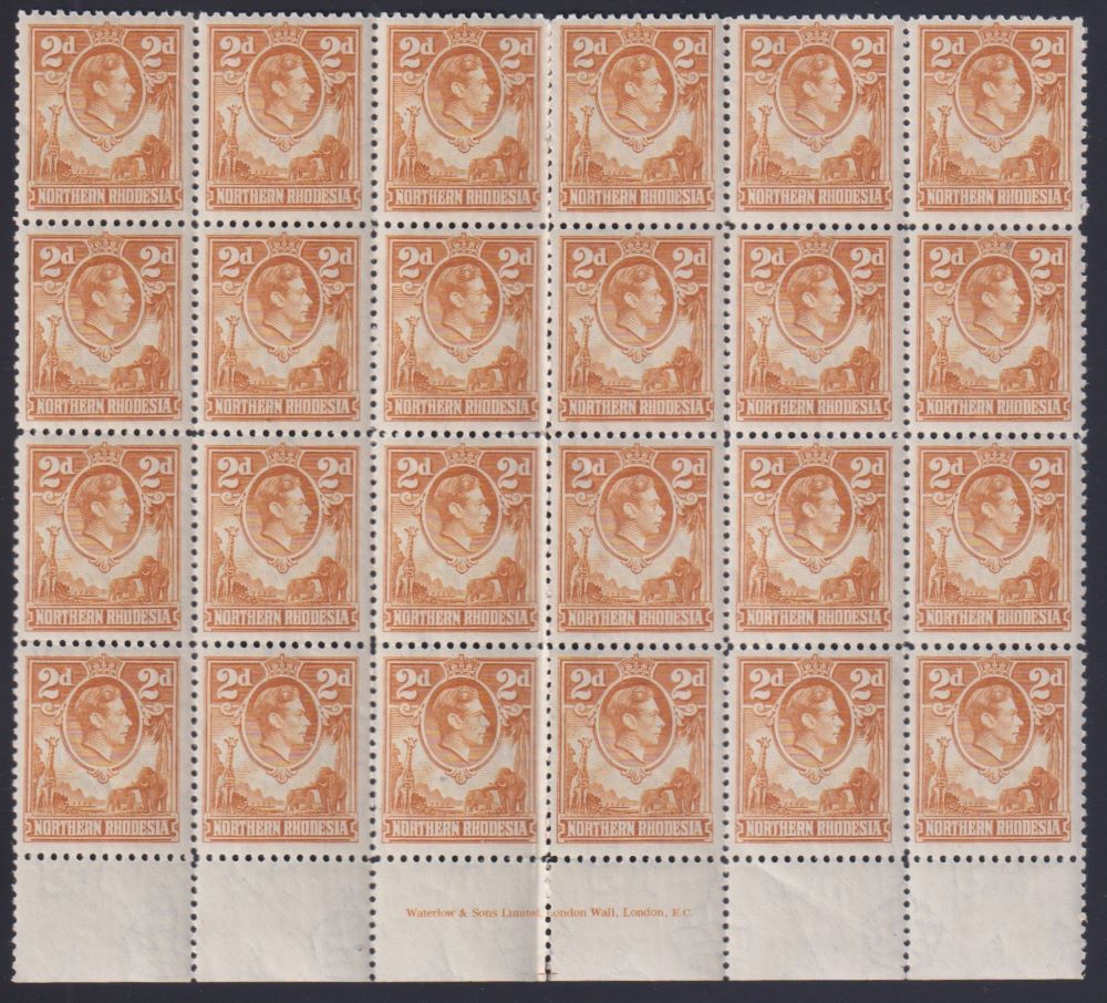 NORTHERN  RHODESIA 1938 2d YELLOW-BROWN IMPRINT BLOCK OF 24 UNMOUNTED MINT