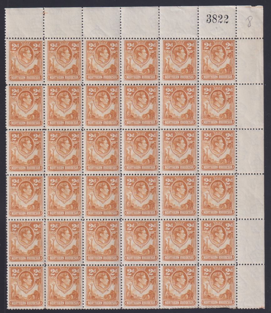 NORTHERN  RHODESIA 1938 2d YELLOW-BROWN BLOCK OF 36 UNMOUNTED MINT
