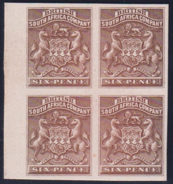 RHODESIA 1892 6d PLATE PROOF BLOCK of 4 - RARE