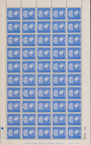 RHODESIA 1970 2c POSTAGE DUE PRINTED ON THE GUMMED SIDE - COMPLETE SHEET UM