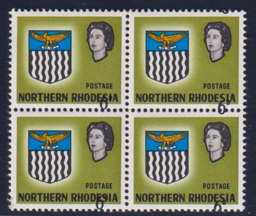 NORTHERN  RHODESIA 1963 6d MISPLACED VALUE  UNMOUNTED MINT BLOCK - SG80v