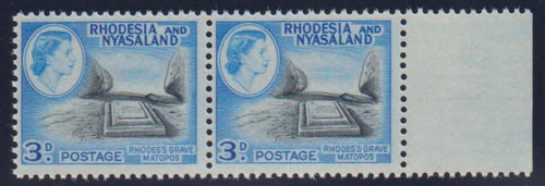 RHODESIA  & NYASALAND 1959 3d PAIR PRINTED ON THE GUMMED SIDE - SG22b CV £900+