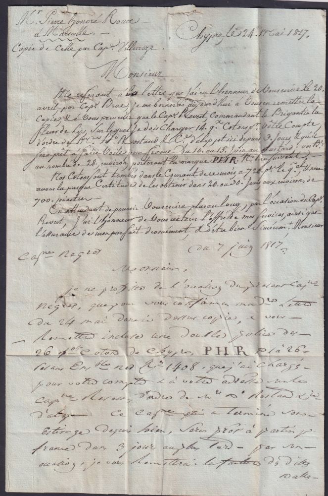 CYPRUS "MALTA LAZARET" DISINFECTED MAIL 1817 to MARSEILLES