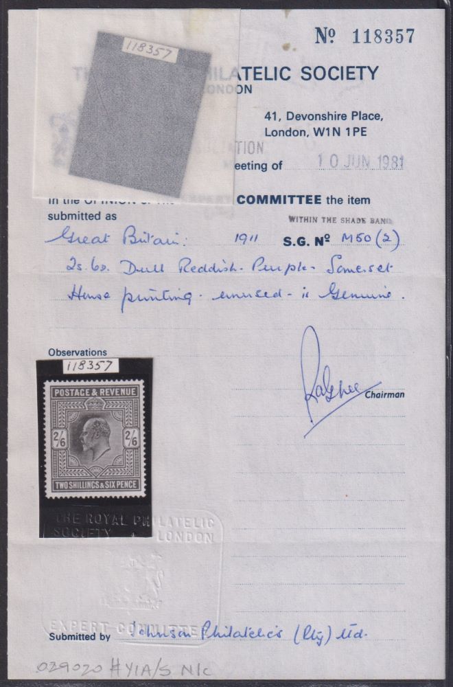 GREAT BRITAIN  KEV11 1911  2/6 DULL REDDISH-PURPLE FINE  MINT (CERT)