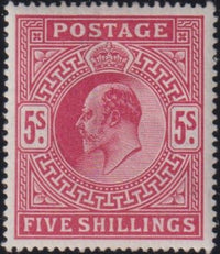 GREAT BRITAIN  KEV11 1902  5/- BRIGHT CARMINE UNMOUNTED MINT