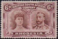 RHODESIA 1910 6d RED BROWN & DEEP CLARET DOUBLE HEAD FINE  MINT SG 145 #2148