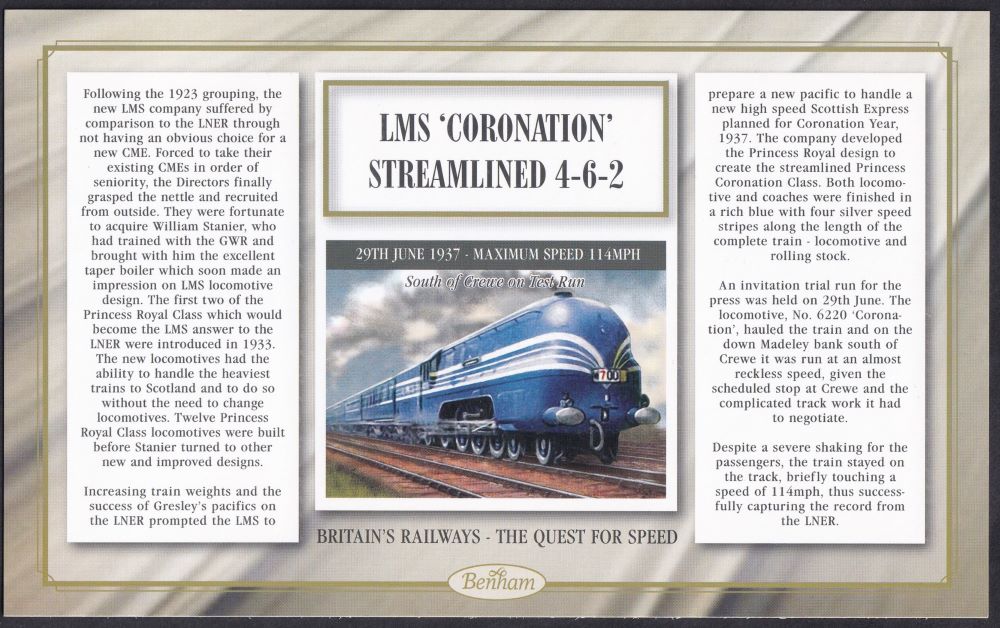 GB 2008 BRITAIN'S RAILWAYS "SILK" COVER - THE QUEST FOR SPEED - 1937 -LMS 'CORONATION'