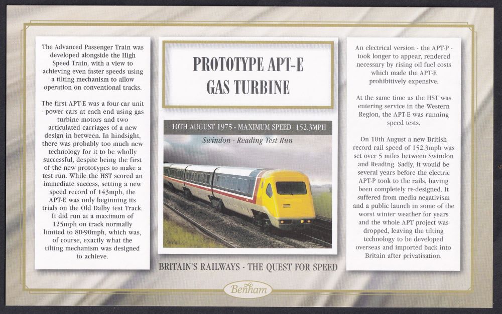GB 2008 BRITAIN'S RAILWAYS "SILK" COVER - THE QUEST FOR SPEED - 1975 - ADVANCED PASSENGER TRAIN (APT)