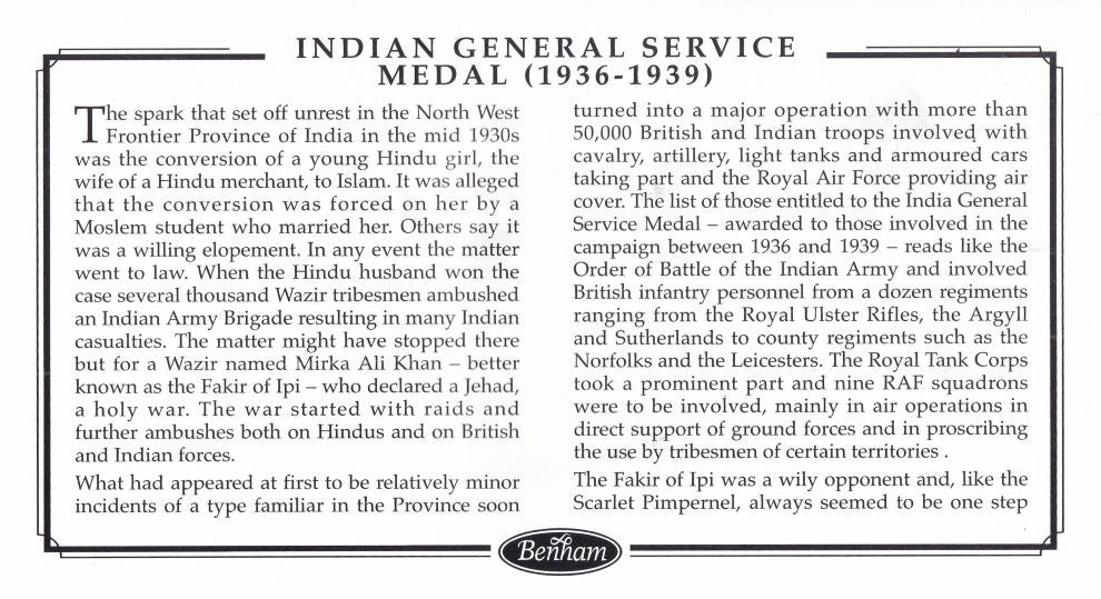 GB 1999 INDIAN GENERAL SERVICE MEDAL 1936-7 COVER