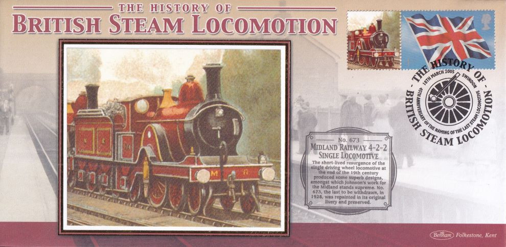 GB 2005 - HISTORY OF BRITISH STEAM LOCOMOTION "SILK" COVER - MIDLAND RAILWAY 4-2-2 SINGLE LOCOMOTIVE
