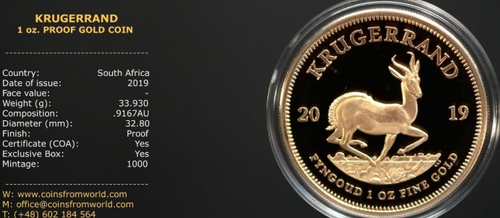 RSA 2019 PROOF ONE OUNCE KRUGERRAND ONLY 1000 MINTED