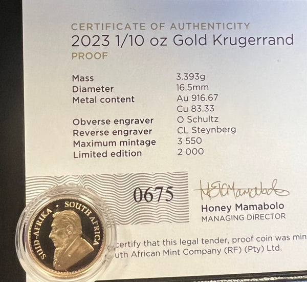 RSA 1/10th OUNCE PROOF KRUGERRAND - ONLY 2000 MADE - SA MINT PRICE R5995