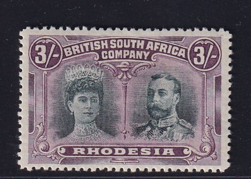 RHODESIA 1910 3/-  DOUBLE HEAD "KING'S EXTRA CURL" VARIETY FINE MINT