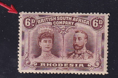 RHODESIA 1910 6d DOUBLE HEAD "Thick ear flaw" Printer's mark position 13 FINE MINT