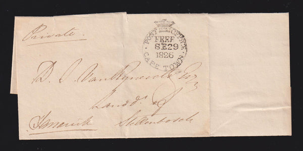 CAPE OF GOOD HOPE 1826  "POST OFFICE FREE" COVER CAPETOWN-STELLENBOSCH