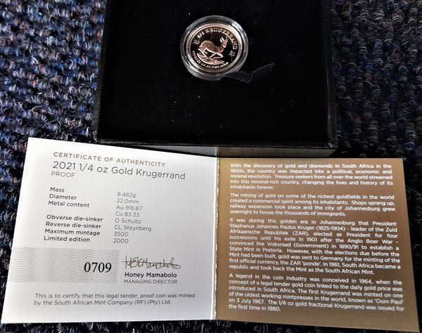 RSA 2021   PROOF QUARTER OUNCE KRUGERRAND IN BOX