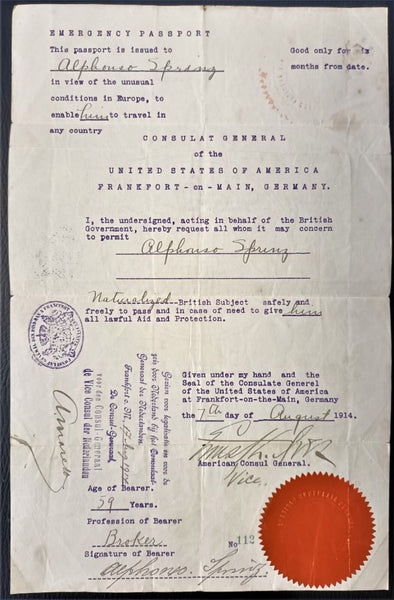 1914 EMERGENCY PASSPORT ISSUED BY US CONSUL GENERAL IN GERMANY TO JEWISH STOCKBROKER