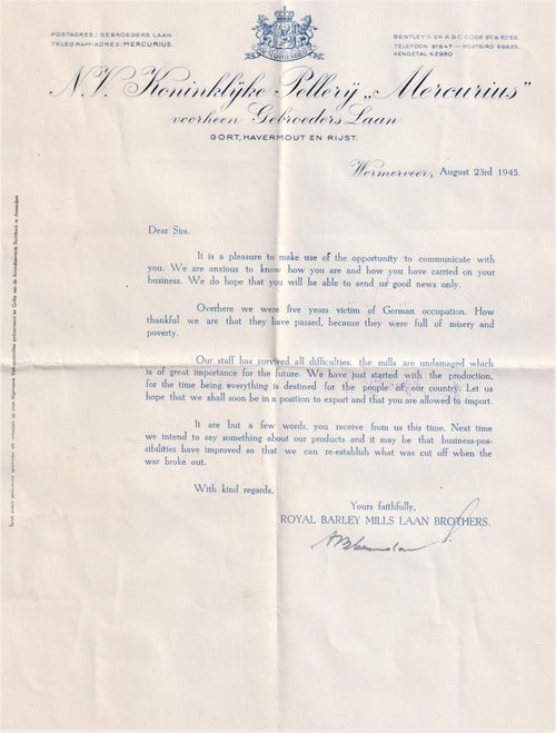 NETHERLANDS 1945 LETTER TO SOUTH AFRICA INTER-ALIA "5 YEARS VICTIMS OF GERMAN OCCUPATION"