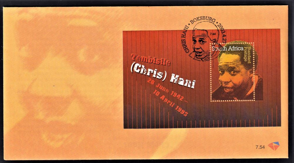 RSA 2003  FDC 7.54 CHRIS HANI  MINIATURE SHEET